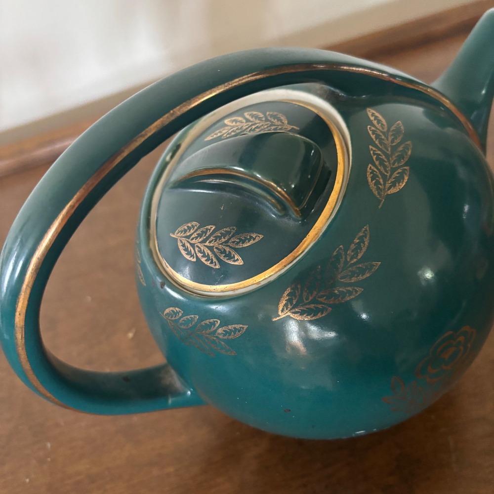 Vintage Hall China Emerald Green Gold Filigree Art Deco Mid Century Teapot - Picture 3 of 5